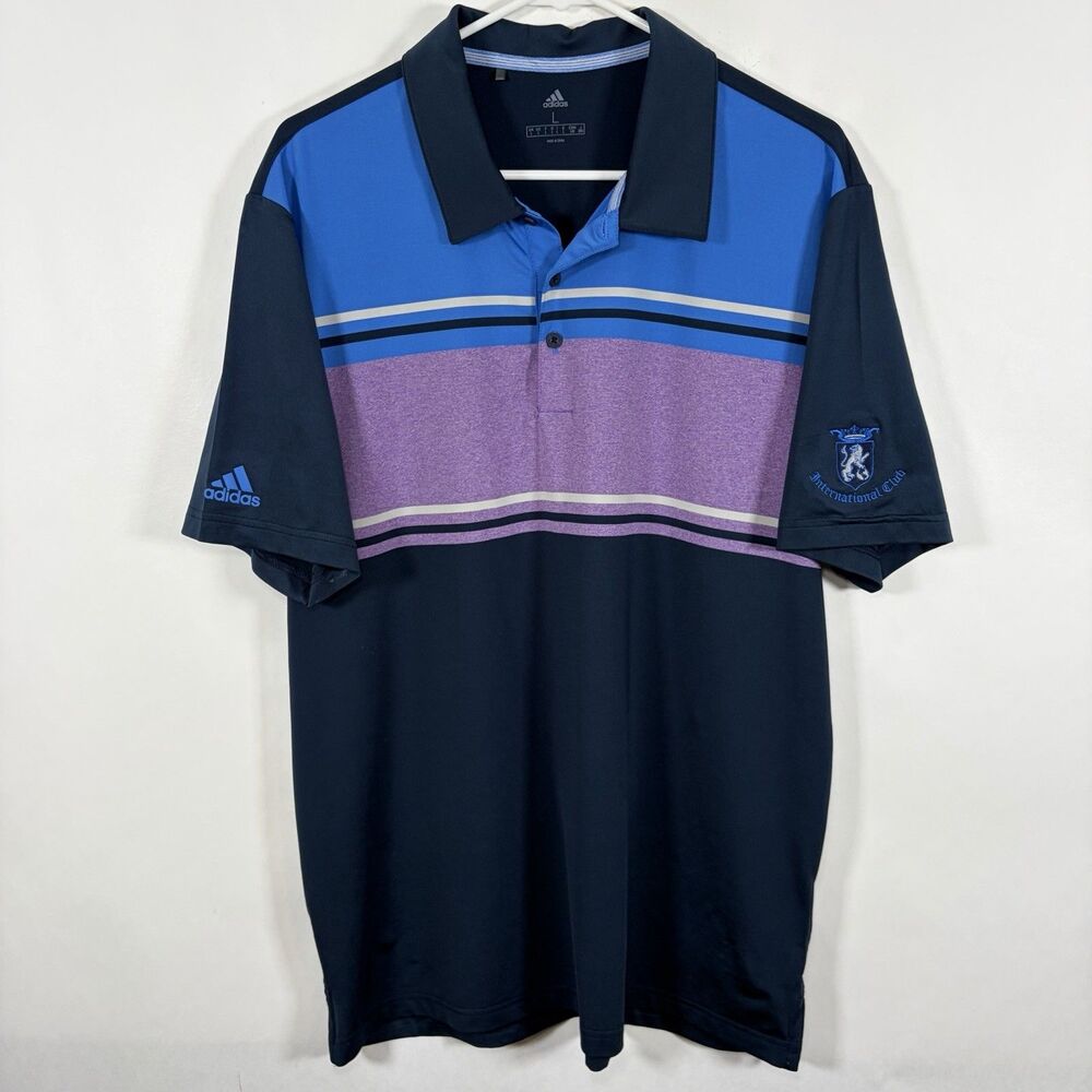 Adidas Golf Polo Shirt Mens Large Navy Blue Purple Colorblock International Club